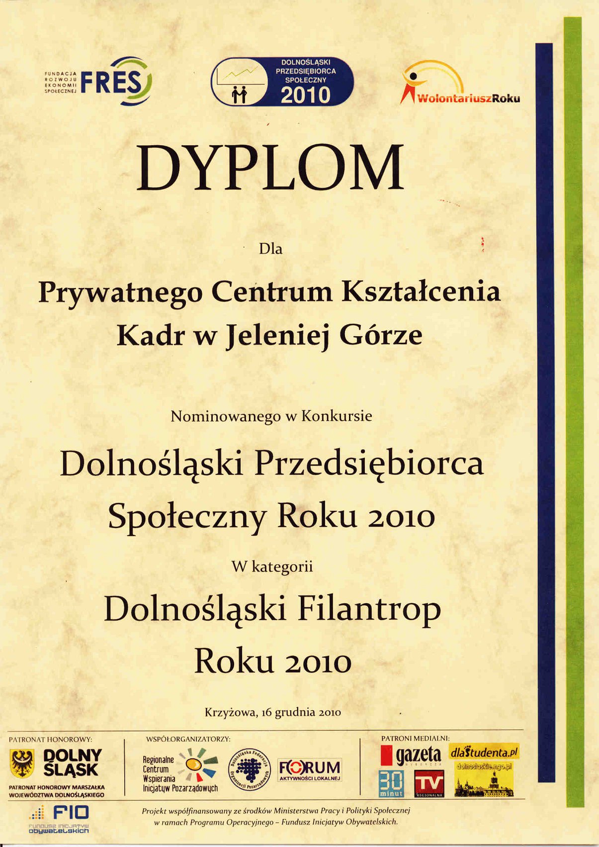 Dyplom uznania - Dolnośląski Filantrop